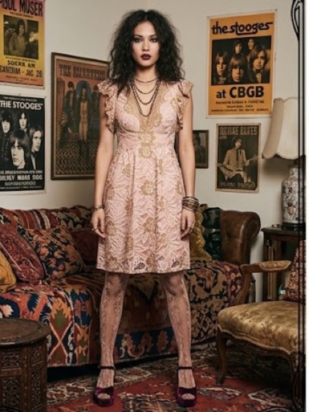 Anna Sui Blush Gold Lace Dress L
